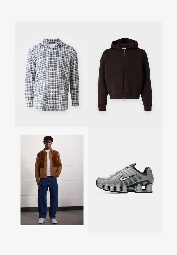 Brown zip-up hoodie made of soft fabric, featuring a drawstring hood, front pockets, and ribbed cuffs and hem.; Blue and white checkered long-sleeve shirt made of lightweight fabric, featuring a button-up front and a classic collar.; White cotton tank top with a round neckline, wide shoulder straps, and a straight hem, featuring a smooth texture and no visible patterns.; Man standing indoors wearing a brown corduroy jacket with rust patches, white t-shirt, loose blue jeans, and white sneakers.; Grey and black Nike running shoe with visible spring-like cushioning under the sole and a white swoosh logo on the side.