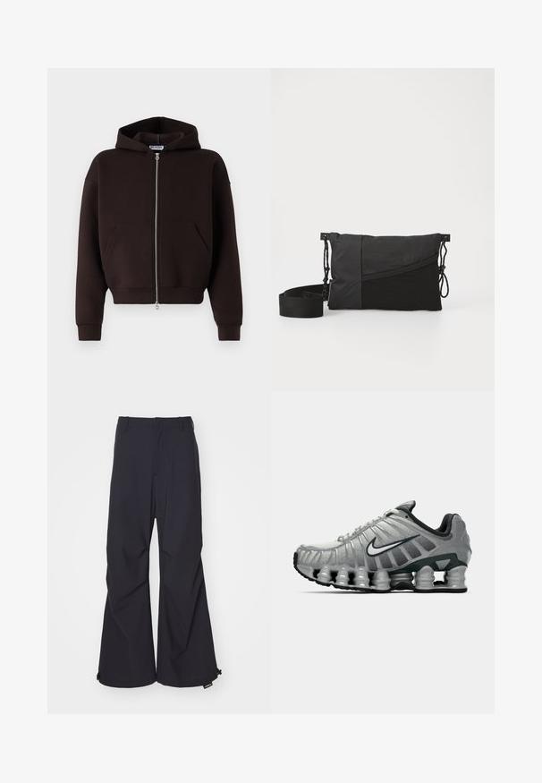 Hanorac cu fermoar de culoare maro, fabricat dintr-un material moale, prevăzut cu glugă cu șnur, buzunare frontale și manșete și tiv dintr-un material elastic.; Top din bumbac alb, cu decolteu rotund, bretele late și margine dreaptă, având o textură fină și fără modele vizibile.; Pantaloni largi de culoare bleumarin, realizati dintr-un material fin, cu două buzunare frontale și detalii cu șnur la tiv. Design curat, adaptat, fără ornamente.; Adidas de alergare gri și negru, cu amortizare vizibilă sub talpă, asemănătoare unui arc, și un logo swoosh alb pe lateral.; Geantă de umăr neagră, realizată dintr-un material texturat, cu un design diagonal, curea ajustabilă și închideri cu șnur pe părțile laterale.