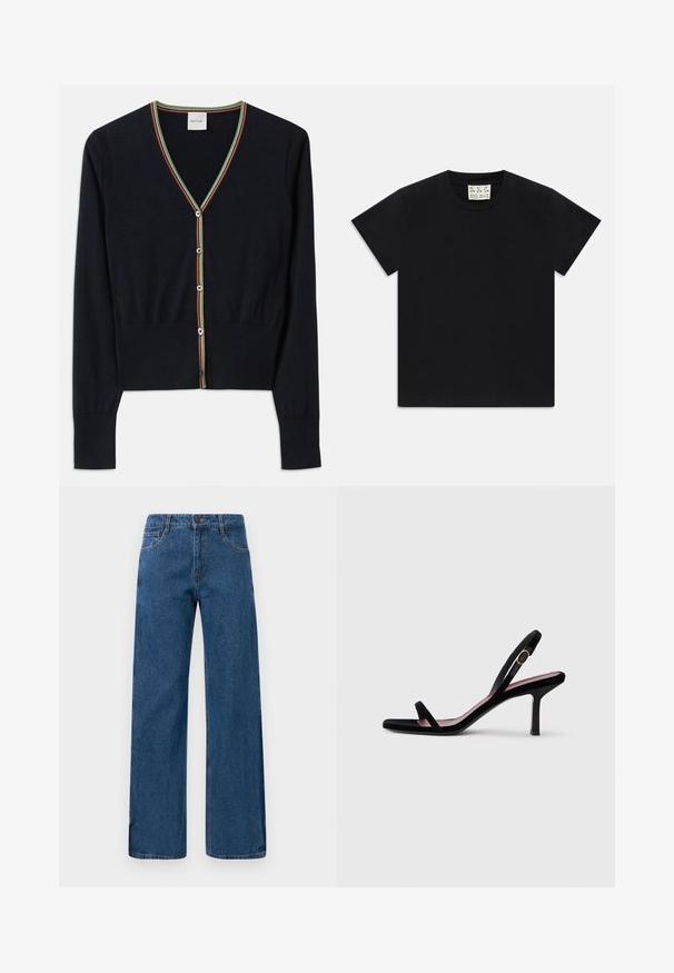 Sötétkék kardigán puha anyagból, V nyakkivágással, színes csíkos díszítéssel és hat kerek gombbal az elején.; Fekete, rövid ujjú, kerek nyakú póló fehér címkével a gallér belsejében, amelyen az "D.R.C. EST. 2002" felirat szerepel, fehér háttéren.; Kék magas derekú, bő szabású farmernadrág elülső és hátsó zsebekkel, gombos záródással és látható varratokkal, fehér háttérrel.; Fekete velúr női magassarkú szandál slim pántokkal és arany csattal, fehér háttér előtt, oldalnézetben.