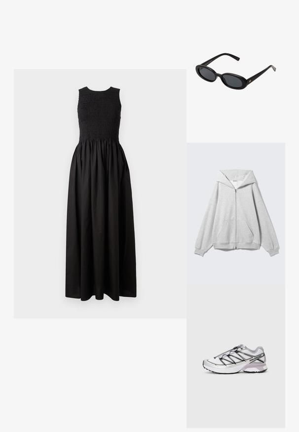Grå zip-up hoodie med stor huva, oversized passform, känguruficka, ribbade muddar och fåll. Tillverkad av mjukt, strukturerat bomullstyg.; Svart ärmlös klänning med smockad bodice, flödande kjol och hel längd. Tillverkad av lätt tyg med en texturerad yta.; Löparskor med ett lätt, vitt meshtyg, silverdetaljer och svart snörningssystem; har en texturerad sula för bra grepp.; Svarta överdimensionerade solglasögon med ovala linser, slät plastbåge och guldaccent på bågarna. Mörka linser ger solskydd.