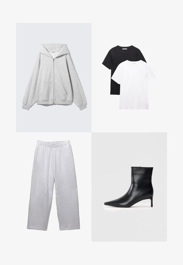 Šedá mikina na zip s velkou kapucí, volným střihem, klokaní kapsou, žebrovanými manžetami a lemem. Vyrobena z měkké, texturované bavlněné látky.; Dvě pánská trička s kulatým výstřihem, jedno černé a jedno bílé. Vyrobené z měkké bavlny, s krátkými rukávy a jednoduchým, klasickým designem.; Světle šedé volné tepláky s elastickým pasem a prošívanými švy na bílém pozadí.; Černá kožená kotníková bota s špičatou špičkou, elegantním designem a štíhlým jehlovým podpatkem. Hladký povrch bez viditelných dekorací.