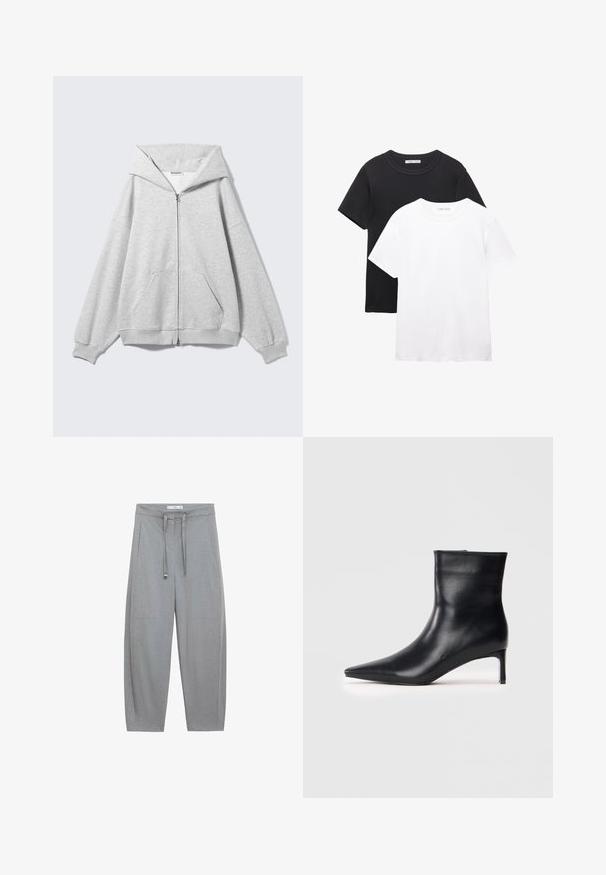 Szara bluza z kapturem zapinana na zamek, z dużym kapturem, luźnym krojem, kieszenią typu kangur, ściągaczami na mankietach i dole. Wykonana z miękkiej, teksturowanej bawełnianej tkaniny.; Dwie koszulki z okrągłym dekoltem, jedna czarna, a druga biała. Wykonane z miękkiej bawełny, z krótkimi rękawami i prostym, klasycznym designem.; Szare, szerokie spodnie z fakturowanej tkaniny, z elastycznym paskiem i dwoma przednimi kieszeniami; dopasowany krój w minimalistycznym stylu.; Czarna skórzana botka sięgająca kostki o spiczastej czubie, eleganckim kształcie i smukłym obcasie typu kitten heel. Gładka struktura bez widocznych ozdób.