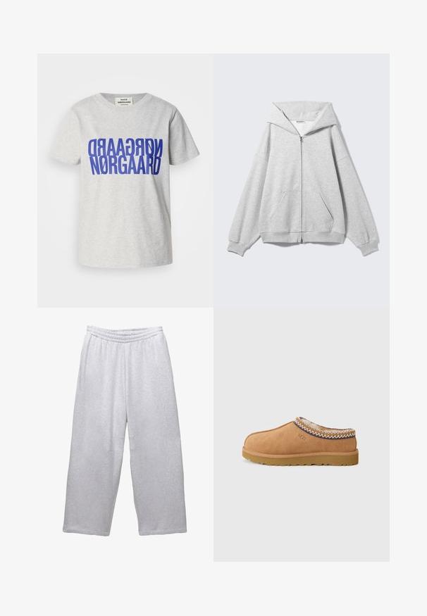 Grå hættetrøje med lynlås, stor hætte, oversize pasform, kængurulomme, ribstrikkede ærmer og kant. Lavet af blødt, tekstureret bomuldsstof.; Grå bomulds t-shirt med stort, fedt blåt tekst, der læser "NØRGAARD" vist vertikalt og horisontalt. Rund halsudskæring, korte ærmer.; Lysegrå brede sweatpants med elastisk talje og stikninger på en hvid baggrund.; Tan ruskinds slip-on sko med et tekstureret uldfor og dekorativ etnisk-inspireret stitching rundt om kraven. Har gummisål.