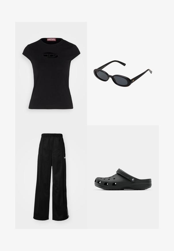 Gray zip-up hoodie with a large hood, oversized fit, kangaroo pocket, ribbed cuffs, and hem. Made from soft, textured cotton fabric.; Black short-sleeve t-shirt with a fitted design, featuring a textured Diesel logo in an oval shape on the front.; Black wide-leg track pants with an elastic waistband, featuring white side stripes and a small logo on the left hip. Smooth fabric texture.; Black plastic clog with ventilation holes, a back strap, textured sole, and logo accent. Lightweight design ideal for casual wear.; Black oversized sunglasses with oval lenses, smooth plastic frame, and gold accents on temple. Dark lenses provide sun protection.