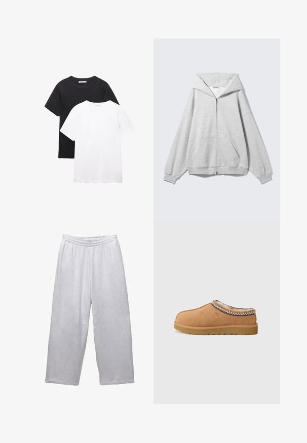 Grijze hoodie met rits en grote capuchon, oversized pasvorm, kangoeroezak, geribbelde manchetten en zoom. Gemaakt van zachte, gestructureerde katoenen stof.; Twee crew-neck t-shirts, één zwart en één wit. Gemaakt van zachte katoen, met korte mouwen en een eenvoudig, klassiek ontwerp.; Lichtgrijze ruime sweatpants met elastische tailleband en gestikte naden op een witte achtergrond.; Tan suede instapschoen met een gestructureerde wollen voering en decoratieve etnische stiksel rond de kraag. Voorzien van een rubberen zool.