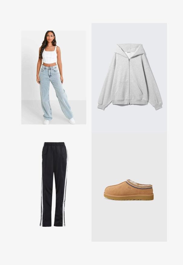 Grijze hoodie met rits en grote capuchon, oversized pasvorm, kangoeroezak, geribbelde manchetten en zoom. Gemaakt van zachte, gestructureerde katoenen stof.; Lichtblauwe wijde jeans met een hoge taille, voorzien van een knoopsluiting en vijf zakken, gecombineerd met een witte cropped top.; Zwarte trainingsbroek met witte zijstrepen, elastische tailleband en een logo-patch. Gemaakt van gladde, lichte stof. Ontwerp met rechte broekspijpen.; Tan suede instapschoen met een gestructureerde wollen voering en decoratieve etnische stiksel rond de kraag. Voorzien van een rubberen zool.