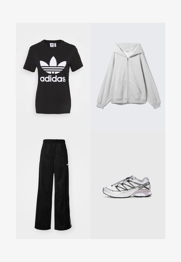 Hall hallikaelarõngaga kapuutsiga pusa, suur üleolev lõige, kängurulukuga, soonikkoes varrukate ja äärega. Valmistatud pehmest ja tekstuuriga puuvillast kangast.; Must t-särk mustast puuvillast, millel on suur valge Adidas trefoil logo ja tekst. Lühikesed varrukad, ümar kaelus, tavaline istuvus, sile tekstuur.; Mustad laiad spordipüksid elastse vöökohtaga, millel on valged külgtriibud ja väike logo vasakul puusal. Sile kangateksam.; Kerge kaalu ja valge võrkmaterjalist pealispinnaga jooksujalats, hallid aktsendid ja must kinnitus; omab tekstureeritud tallaosa libisemisvastase haardumise tagamiseks.