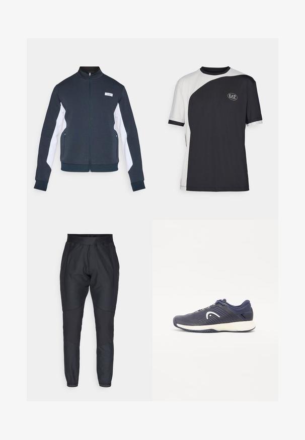 Navy blue zip-up jacket with white side panels, made from soft fabric, featuring a high collar and two zippered pockets.; Short-sleeve t-shirt featuring a two-tone design in black and white, with a smooth texture and an EA7 logo on the front.; Black athletic pants with tapered legs, elastic waistband, and contrasting textured panels. Features logo detailing near the cuffs.; Navy athletic shoe with a textured design and white logo. Features a cushioned sole and dark blue accents on the upper and heel.