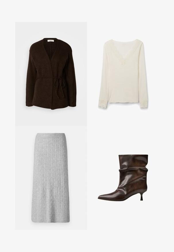 Donkerbruine gebreide cardigan met een wikkeldesign, open voorkant, lange mouwen en een bijpassende strikriem in de taille. Zachte, gestructureerde stof.; Crème lange mouw top met een V-hals, voorzien van een fijne kantafwerking bij de halslijn en kantaccenten bij de manchetten. Zachte stofstructuur.; Grijze gebreide rok met een geribde textuur en een rechte silhouet, die tot halverwege de kuit reikt. Geen zichtbare sluitingen of patronen.; Donkerbruin leren laars tot halverwe terug met een puntige neus, slouchy schacht en slanke lage kittenhiel.