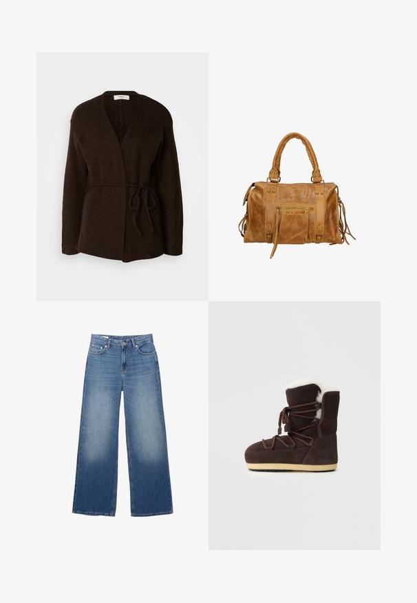 Cardigan en maille brun foncé avec un design enveloppant, à décolleté ouvert, manches longues et une ceinture assortie à la taille. Tissu doux et texturé.; Haut à manches longues de couleur crème avec un décolleté en V, orné de délicates bordures en dentelle au niveau du col et d'accents en dentelle aux poignets. Texture de tissu douce.; Jean en denim bleu clair à jambes larges avec un aspect délavé, cinq poches et une fermeture à bouton à la taille. Matière en coton, coupe droite.; Botte en suede marron avec un dessus en fausse fourrure blanche, des liens en dentelle et une semelle en caoutchouc beige. Le côté présente le texte "MOON BOOT."; Sac à main en cuir tan avec deux poignées courtes, poche zippée, accents en métal et glands décoratifs sur les côtés. Texture douce avec une finition légèrement froissée.
