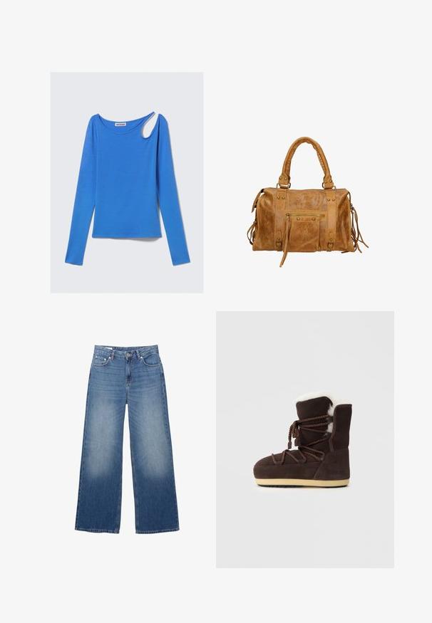 Donkerbruine gebreide cardigan met een wikkeldesign, open voorkant, lange mouwen en een bijpassende strikriem in de taille. Zachte, gestructureerde stof.; Blauwe langmouwtop met een ronde halslijn en een unieke asymmetrische uitsnijding op de rechter schouder, plat gelegd op een witte achtergrond.; Wijdvallende, lichtblauwe denim jeans met een verouderde uitstraling, vijf zakken en een knoopsluiting bij de taille. Katoenen materiaal, rechte pasvorm.; Bruine suède laars met een witte nepbont bovenkant, veters en een beige rubberen zool. Aan de zijkant staat de tekst "MOON BOOT."; Tan leren handtas met twee korte handvatten, ritsvak, metalen accenten en decoratieve zijtassels. Zachte textuur met een licht gerimpelde afwerking.