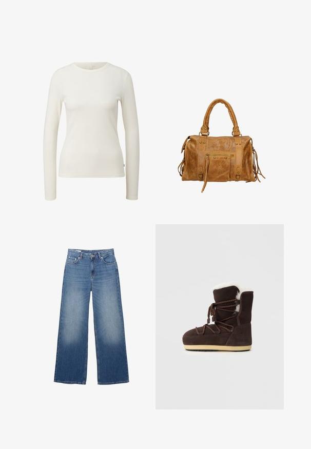 Dunkelbrauner, gestrickter Cardigan mit Wickeldesign, offenem Frontbereich, langen Ärmeln und einem passenden Bindegürtel in der Taille. Weicher, strukturierter Stoff.; Langärmliges, geripptes Oberteil in Off-White. Besitzt einen runden Halsausschnitt und eine schmale Passform. Weicher Stoff mit minimalen Nähten. Etikett zeigt Größe 'S'.; Weite, hellblaue Denim-Jeans mit verwaschenem Aussehen, fünf Taschen und einem Knopfverschluss an der Taille. Baumwollmaterial, gerade geschnitten.; Braune Wildlederstiefel mit einem oberen Teil aus weißem Kunstfell, Schnürungen und einer tanfarbenen Gummisohle. An der Seite befindet sich der Schriftzug "MOON BOOT."; Tasche aus braunem Leder mit zwei kurzen Griffen, Reißverschlussfach, metallischen Akzenten und dekorativen seitlichen Quasten. Weiche Textur mit einer leicht zerknitterten Oberfläche.