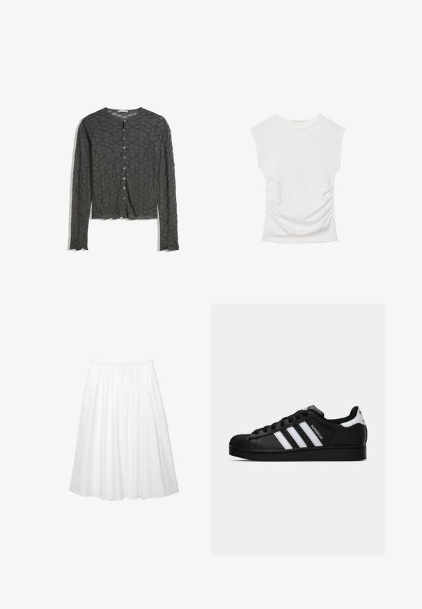 Mørkegrå blonde langærmet knap-up cardigan med blomstermønster og bølgede kanter ved ærmerne og kanten.; Hvid ærmeløs top med rund halsudskæring og diskret sidesamling, vist fladt mod en hvid baggrund.; Hvid, knælang nederdel med en samlet design. Har en elastisk talje for nem påtagning. Lavet af let bomuldsstof.; Sort Adidas Superstar sneaker med hvide striber, skaletå og "Superstar"-tekst på siden, vist i sideprofil på hvid baggrund.