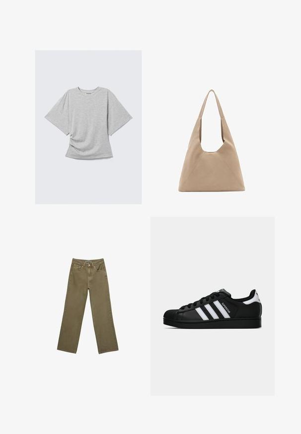 Dark gray lace long-sleeve button-up cardigan with floral pattern and scalloped edges on cuffs and hem.; Light gray short-sleeve T-shirt with a crew neckline and slight side ruching, laid flat on a white background.; Olive green wide-leg jeans in cotton with a sturdy texture. Features a zip fly, five pockets, and contrasting stitching near the waistband.; Black Adidas Superstar sneaker with white stripes, shell toe, and "Superstar" text on side, shown in side profile on white background.; Beige fabric tote bag with a unique triangular shape, wide shoulder straps, and visible seam details for added structure.