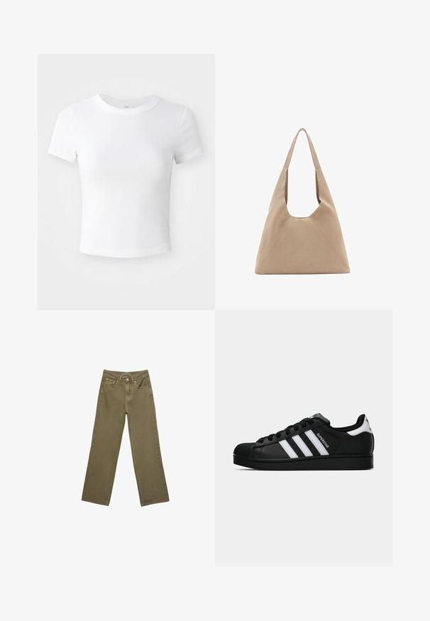 Mørkegrå blonde langærmet knap-up cardigan med blomstermønster og bølgede kanter ved ærmerne og kanten.; Simpel hvid kortærmet cropped t-shirt med rund halsudskæring, præsenteret på en neutral lys baggrund.; Oliven grøn brede jeans i bomuld med en robust tekstur. Har en lynlåsfluge, fem lommer og kontrasterende syninger ved taljen.; Sort Adidas Superstar sneaker med hvide striber, skaletå og "Superstar"-tekst på siden, vist i sideprofil på hvid baggrund.; Beige stof totebag med en unik trekantet form, brede skulderstropper og synlige sømdetaljer for ekstra struktur.