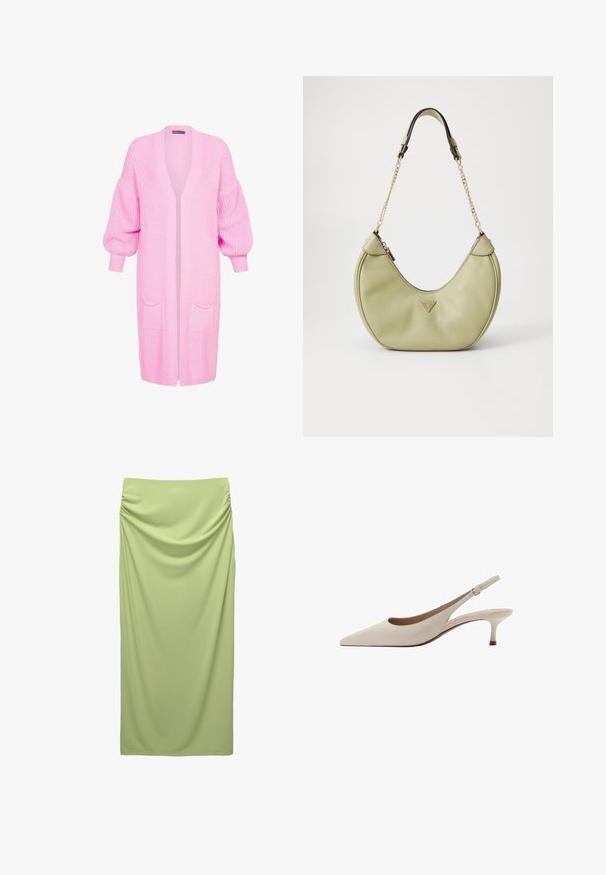 Un long cardigan en tricot rose avec une coupe décontractée, des épaules tombantes, des poignets en côtes et deux poches avant. Design à ouverture frontale sans fermetures.; T-shirt en coton vert avec une coupe décontractée, un col rond et des manches courtes. Présente "KOMBUCHA" imprimé en lettres roses en gras sur le devant.; Jupe longue taille haute en tissu doux et vert clair. Présente des détails froncés sur le côté pour une texture et un drapage.; Des escarpins slingback beiges avec un bout pointu et un talon évasé bas. Fabriqués en cuir lisse avec un design minimaliste et une sangle réglable.; Sac à main en cuir vert avec une forme courbée distinctive, accent logo doré, fermeture éclair et une anse en chaîne. Détails de surface texturée.