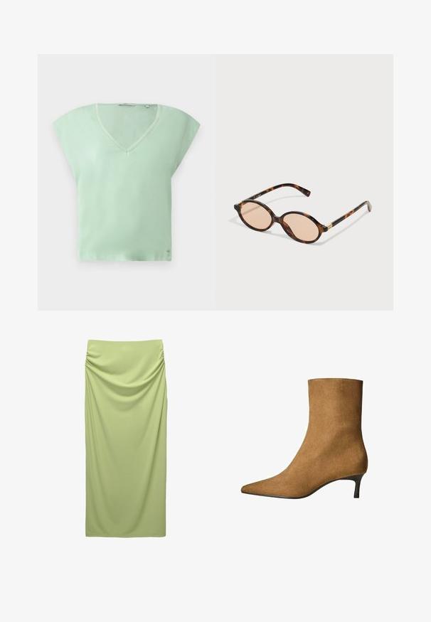 Cardigan lung roz tricotat, cu un croi lejer, umeri căzuți, manșete îndoite și două buzunare frontale. Design cu fața deschisă, fără închideri.; Tricou mint verde cu decolteu în V, având mâneci scurte și largi, o croială lejeră și o textură a fabricii netedă. Detaliu mic cu logo aproape de tiv.; Fustă lungă, cu talie înaltă, dintr-un material moale, de culoare verde deschis. Prezintă detalii pliate pe lateral pentru textură și fall.; Cizme de gleznă din suede maro, cu vârf ascuțit și toc kitten de înălțime mică. Design elegant și aerisit, cu o textură netedă și accente minime.; Ochelari de soare cu ramă din scoică de broască țestoasă, formă ovală, lentile roz, accente aurii pe tâmplă, finisaj neted și brațe curbate.; Geantă de mână din piele verde, cu o formă curbată distinctivă, accent cu logo auriu, închidere cu fermoar și curea din lanț. Detaliu de suprafață texturată.