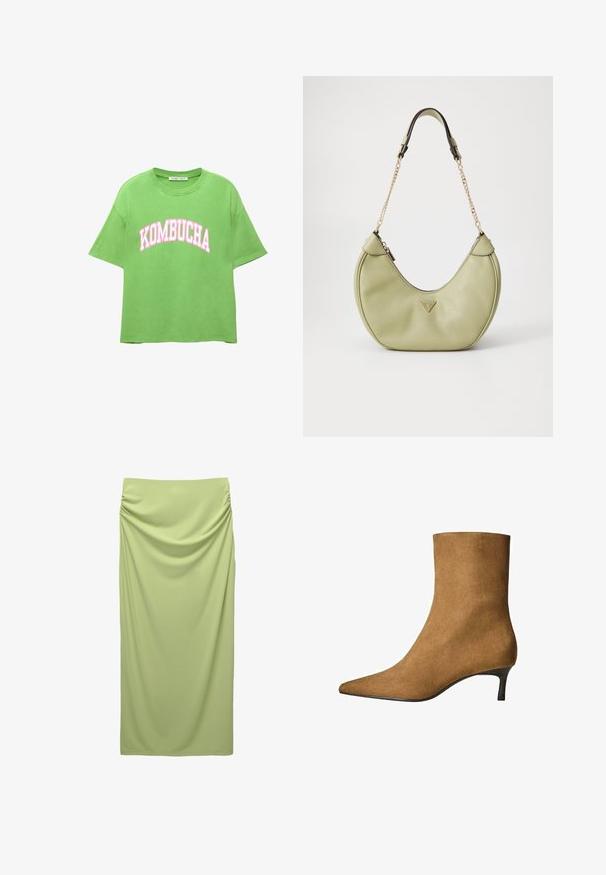 Langer, rosa gestrickter Cardigan mit lockerer Passform, überschnittenen Schultern, gerippten Bündchen und zwei Fronttaschen. Offenes Design ohne Verschlüsse.; Grünes Baumwoll-T-Shirt mit lockerer Passform, Rundhalsausschnitt und kurzen Ärmeln. Mit "KOMBUCHA" in großen pinken Lettern auf der Vorderseite bedruckt.; Hoch-taillierter, bodenlanger Rock aus weichem, hellgrünem Stoff. Verfügt über geraffte Details an der Seite für Textur und Fall.; Braune Wildleder-Ankle-Boots mit spitzem Zeh und niedrigem Kitten-Heel. Schlankes, elegantes Design mit einer glatten Textur und minimalen Akzenten.; Grüne Lederhandtasche mit einer markanten gebogenen Form, goldener Logo-Akzent, Reißverschluss und einer Kettenriemen. Strukturiertes Oberflächenmuster.