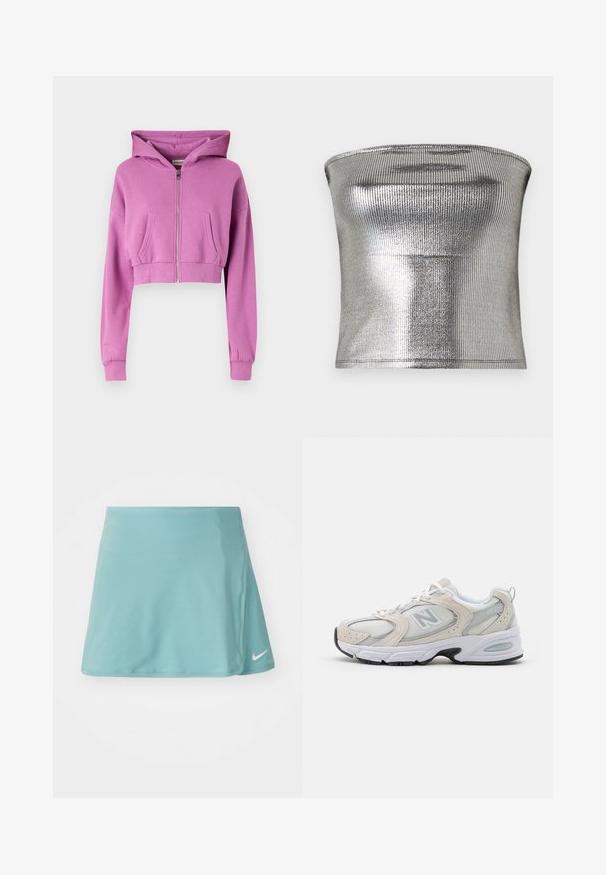 Sudadera rosa recortada con cremallera frontal, mangas largas, dos bolsillos delanteros y capucha con cordón, hecha de una suave mezcla de algodón.; Top strapless plateado hecho de tela metálica acanalada. Presenta una textura suave y un diseño ajustado con un dobladillo recto.; Falda atlética de color azul claro, fabricada con un tejido suave y elástico. Presenta una abertura lateral y un pequeño logo blanco de Nike en la parte inferior frontal.; Zapatilla deportiva con parte superior de malla gris claro y acentos de ante, cordones blancos y suela de goma negra. Detalle notable de amortiguación ABZORB.
