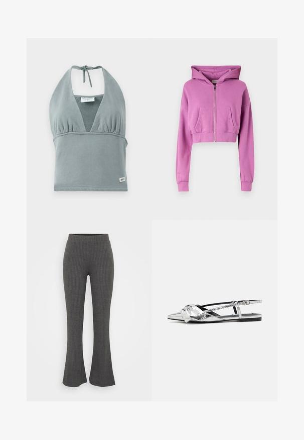 Krátka ružová mikina s predným zipsom, dlhými rukávmi, dvoma prednými vreckami a kapucňou so šnúrkou vyrobená z jemnej zmesi bavlny.; Halter krčný crop top v tlmených šedých farbách, vyrobený z mäkkej tkaniny, s naškrobeným dekoltom, sieťkovými detailami a malou logo nášivkou na leme.; Sivé rebrované pletené nohavice so širokým pásom. Dizajn obsahuje štruktúrované vertikálne pruhy a uvoľnený strih na okraji.; Strieborné metalické slingback baleríny s špicatou špičkou, so zaujímavým uzlom na prednej strane a nastaviteľným popruhom pre bezpečné nosenie.