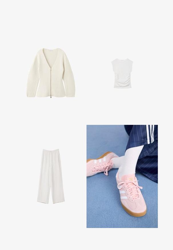 Krémový pletený cardigan s hlubokým V-výstřihem a dlouhými rukávy, který má přední zip s kovovým táhlem.; Bílý top s krátkým rukávem a kulatým výstřihem. Má na stranách nařasenou texturu a přiléhavý siluetu, vyrobený z měkkého, elastického materiálu.; Bílé široké kalhoty vyrobené z lehké tkaniny. Mají elastický pas se šňůrkou a boční kapsy. Hladká textura.; Svetle růžové semišové tenisky s bílými pruhy a tkaničkami, s texturovaným jazykem a gumovou podrážkou, položené na modrém koberci.