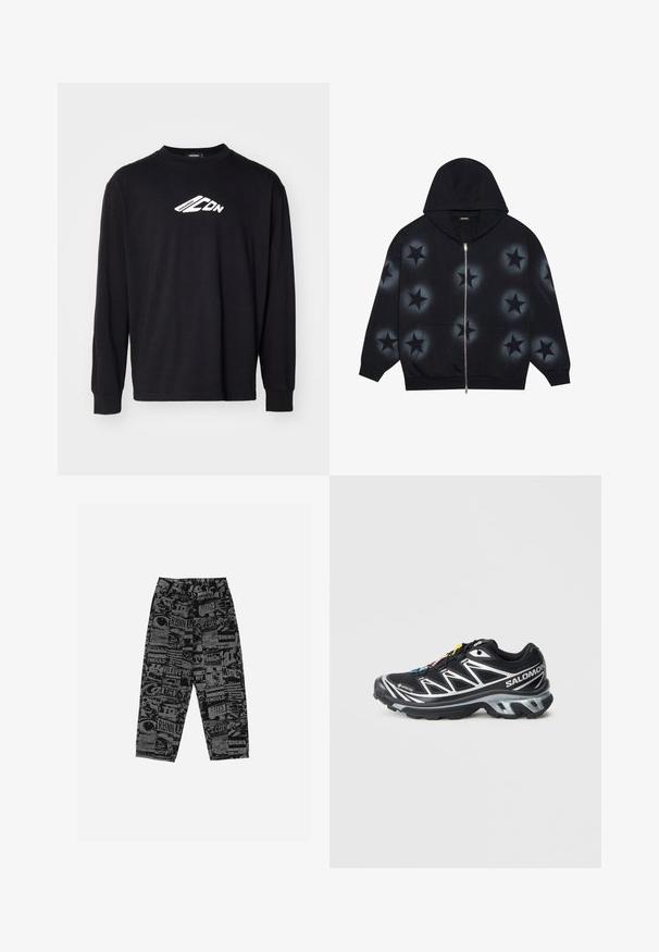 YOURTURN UNISEX - Sweatjacke - schwarz; Schwarzes langärmliges T-Shirt aus Baumwolle mit einem weißen Logo auf der Brust. Klassischer Rundhalsausschnitt und gerippte Bündchen.; Schwarze Hose mit grafischem Druck, der verschiedene Texte und Bilder zeigt. Hergestellt aus leichtem Stoff, haben sie einen lässigen Schnitt und gerade Beine.; Schwarzer Laufschuh mit silbernen Akzenten, GORE-TEX-Material, strukturiertem Sohlenprofil und bunten Schnürsenkeln. Verfügt über eine gepolsterte Ferse für zusätzlichen Halt.