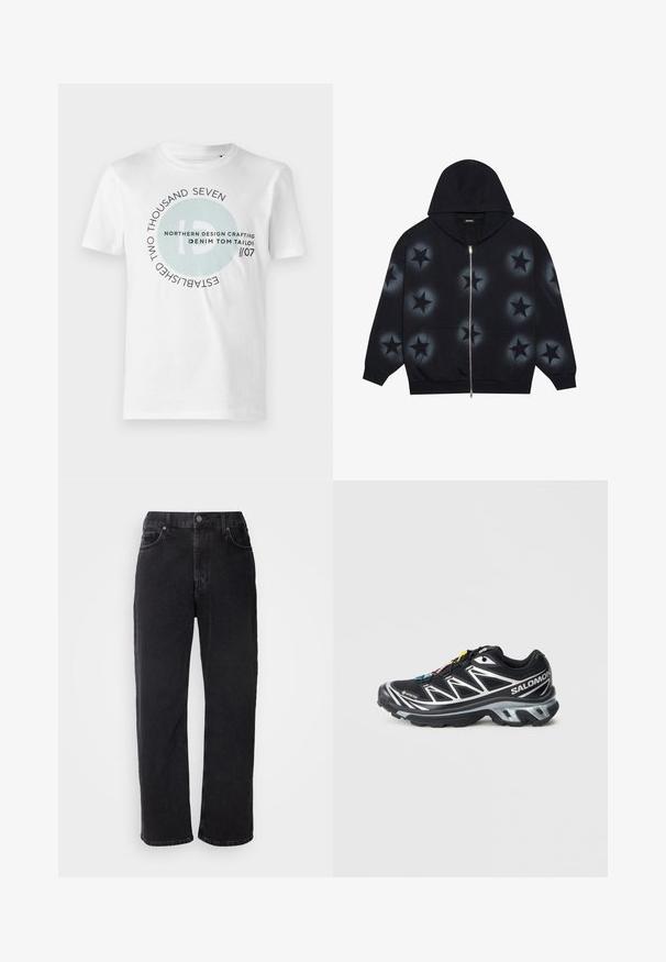 YOURTURN UNISEX - Mikina na zip - schwarz; Bílý bavlněný tričko s kulatým potiskem s nápisem "ID" a textovými prvky v černé a světle modré barvě. Klasický kulatý výstřih a krátké rukávy.; Černé džínové kalhoty s rovný střih, pěti kapsami a kontrastním prošíváním. Mají zapínání na knoflík a poutka na opasek.; Černá běžecká bota se stříbrnými akcenty, materiál GORE-TEX, strukturovaná podrážka a barevné šňůrky. Má polstrovanou patu pro podporu.