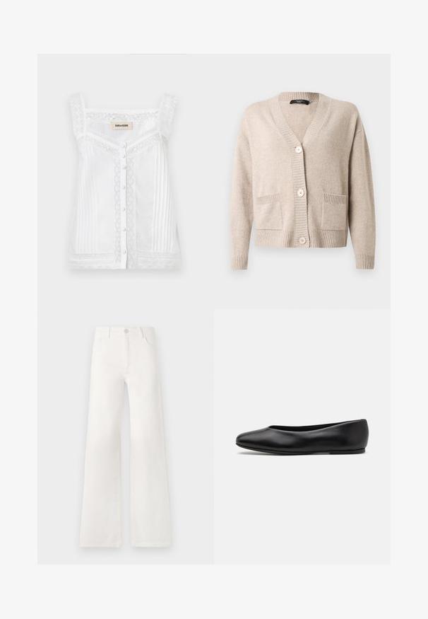 Cárdigan beige de punto con cuello en V, tres botones grandes, mangas largas, puños y dobladillo acanalados, y dos bolsillos delanteros parche.; Top blanco sin mangas con detalles de encaje, plisados verticales y cierre de botones en el frente. Presenta un escote de encaje con forma de ondas y tirantes.; Jeans blancos de tiro alto y pierna ancha, confeccionados en denim. Cuentan con un cierre de botón, dos bolsillos frontales y costuras con detalles en las costuras laterales.; Paul Smith TOPANGA - Bailarinas - black