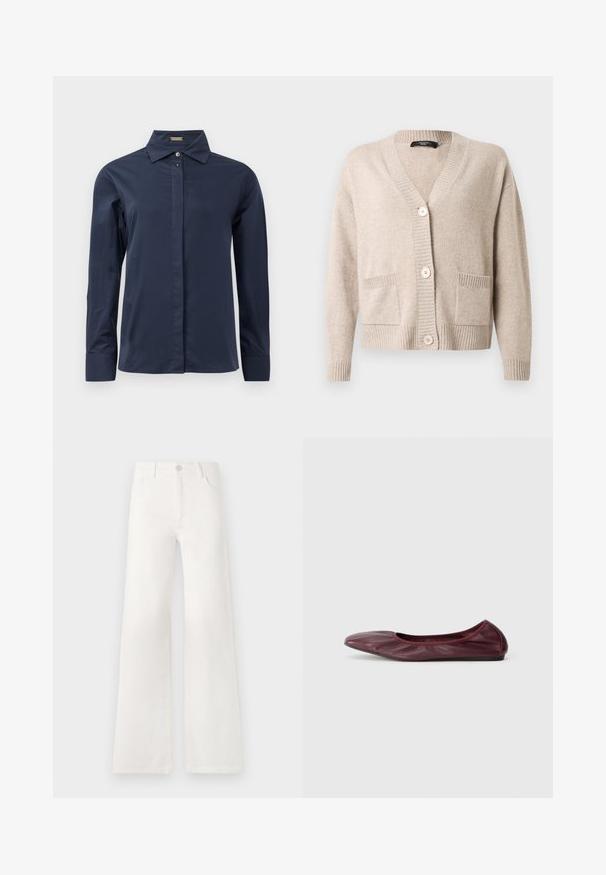 Cardigan beige lavorato a maglia con scollo a V, tre grandi bottoni, maniche lunghe, polsini e orlo a coste e due tasche applicate frontali.; Camicia button-up blu navy a maniche lunghe, realizzata in un tessuto leggero e liscio. Presenta un colletto classico e una pattafrontale discreta.; Jeans bianchi a vita alta e gamba larga realizzati in denim. Presentano una chiusura con bottone, due tasche anteriori e cuciture decorative nei lati.; Ballet flat in pelle bordeaux scuro, con punta arrotondata, bordo elasticizzato e superficie liscia con dettagli di pieghe sottili.