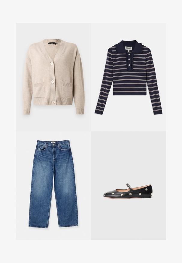 Beige stickad kofta med V-ringning, tre stora knappar, långa ärmar, ribbade muddar och fåll samt två framfickor med patta.; Marinblus med lång ärm, rosa horisontella ränder, volangkrage och treknapps placket fram; tillverkad av ett mjukt, elastiskt material.; Ljust blå vida jeans i denim, med en klassisk femfickorsdesign, synlig sömnad och en midjehöjd på normal nivå.; Svart läder Mary Jane lägenhetssko med rund tå, prydd med silverfärgade cirkulära nitar och ett justerbart band med spänne.