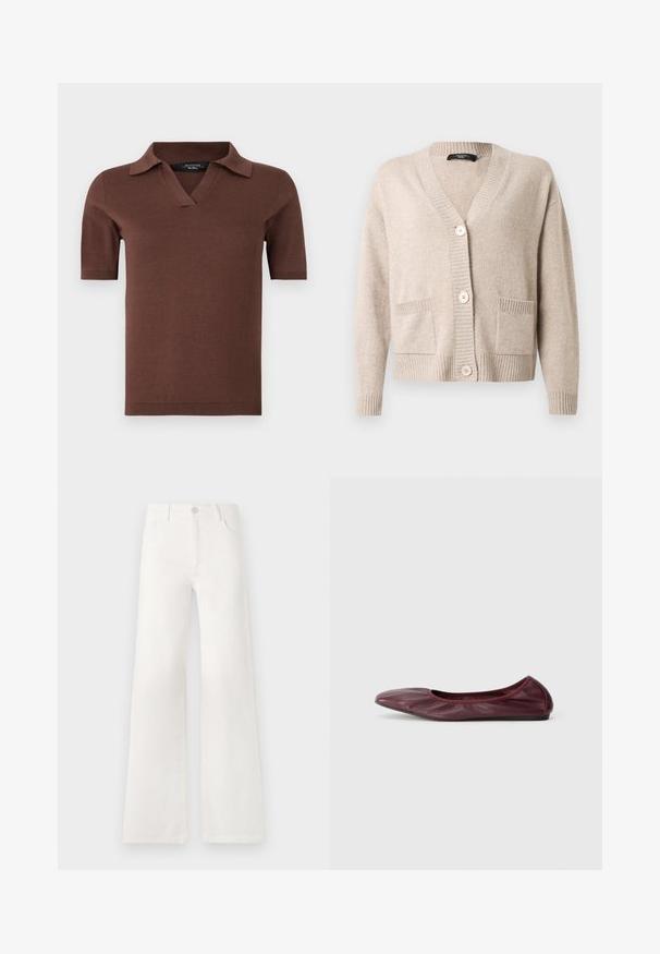 Beežist kootud kardigan V-kaelusega, kolme suure nööbi, pikkade varrukate, soonikuga mansettide ja hõlma ning kahe esipandiga taskuga.; Pruun lühikeste varrukatega polo särk, millel on V-kaelus ja krae, valmistatud pehmest trikookangast, millel on sile tekstuur. Lihtne ja moodne disain.; Valged, kõrge vöökohaga laiad teksad, mis on valmistatud denimist. Omab nupuga sulgemist, kahte esimest taskut ja külgede õmbluste detailseid õmblusi.; Sügisene burgundi puhkepaar nahast ballett, millel on ümar nina, elastne serv ja sile tekstuur koos peene plekkimise detailiga.