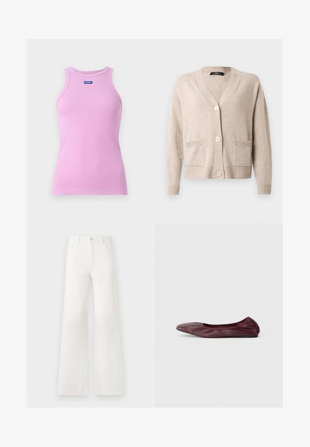 Beežist kootud kardigan V-kaelusega, kolme suure nööbi, pikkade varrukate, soonikuga mansettide ja hõlma ning kahe esipandiga taskuga.; Roosa ribaga tank ülikond, millel on ümmargune kaelus ja HUGO logo silt. Omab toekat disaini ja ilma varrukateta stiili, valmistatud pehmest kangast.; Valged, kõrge vöökohaga laiad teksad, mis on valmistatud denimist. Omab nupuga sulgemist, kahte esimest taskut ja külgede õmbluste detailseid õmblusi.; Sügisene burgundi puhkepaar nahast ballett, millel on ümar nina, elastne serv ja sile tekstuur koos peene plekkimise detailiga.