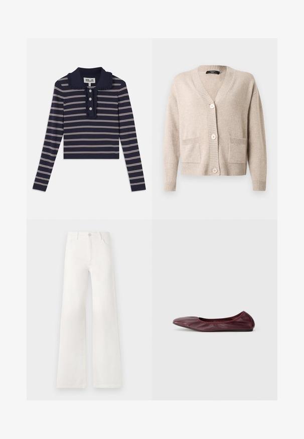 Bézs színű kötött kardigán V-nyakkivágással, három nagy gombbal, hosszú ujjal, bordázott mandzsettával és szegéllyel, valamint két első folt zsebbel.; Tengerészkék hosszúujjú ing, rózsaszín vízszintes csíkokkal, fodros gallérral és elöl három gombbal; puha, rugalmas anyagból készült.; Fehér, magas derekú, bő szabású farmernadrág. Gombos záródással, két elülső zsebbel és oldalsó varrásokkal rendelkezik, amelyek varrási részleteket tartalmaznak.; Burgundi színű, mély bőrből készült balerina cipő, lekerekített orral, rugalmas szegéllyel és sima felülettel, finom redőzéssel.