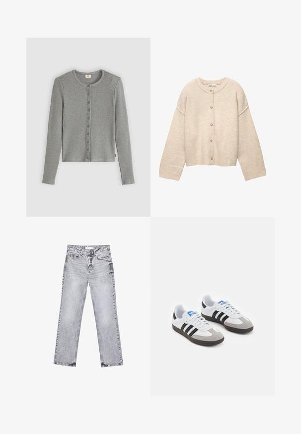 Bež pleteni kardigan s okruglim izrezom, prednjim kopčanjem na gumbe, rebrastim manžetama i skraćenim rubom, izrađen od mekog materijala.; Sivi rebrasti kardigan s dugim rukavima, okruglim izrezom i zatvaranjem na gumbe. Mekana tekstura s prilagođenim oblikom i suptilnom oznakom brenda.; Sive traperice s ravnim nogavicama, s detaljima trošenja, pet džepova i bakrenim zakovicama. Pojas ima oznaku s logom.; Sportske cipele s gornjištem od bijele kože, sivi suedinasti nos i tri crne pruge. Imaju plavi logo na jeziku i teksturiranu gumenu podlogu.