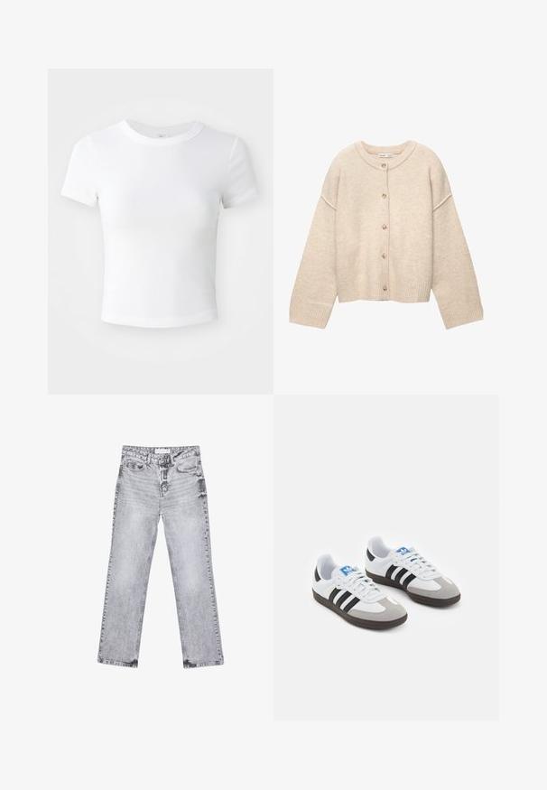 Béžový pletený kardigan s kulatým výstřihem, zapínáním na knoflíky, žebrovanými manžetami a zkráceným lemem, vyrobený z měkké látky.; Bílé krátké tričko s krátkým rukávem a kulatým výstřihem, vystavené na neutrálním světle pozadí.; Šedé džíny z denimu se střihy rovnými nohavicemi, s poškozenou úpravou, pěti kapsami a měděnými nýtky. Pasová část obsahuje logo štítek.; Sportovní boty s bílým koženým svrškem, šedou semišovou špičkou a třemi černými pruhy. Obsahují modré logo na jazyku a texturovanou gumovou podrážku.