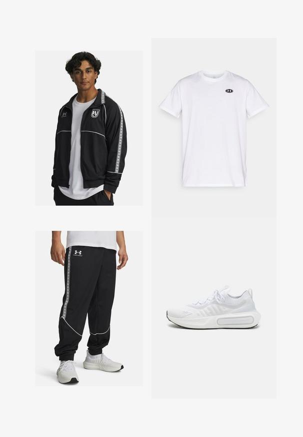Black athletic jacket with white accents and side stripes. Features a zip front, stand collar, and embroidered logo on the chest.; White short-sleeve t-shirt made of cotton with a round neckline. Features a small black Under Armour logo on the chest.; Black track pants made of smooth fabric, featuring white piping and side stripes with a logo. Tapered fit with elastic cuffs at the ankles.; White athletic shoe with a textured knit upper, lace-up closure, cushioned sole, and a distinctive branding detail on the side.