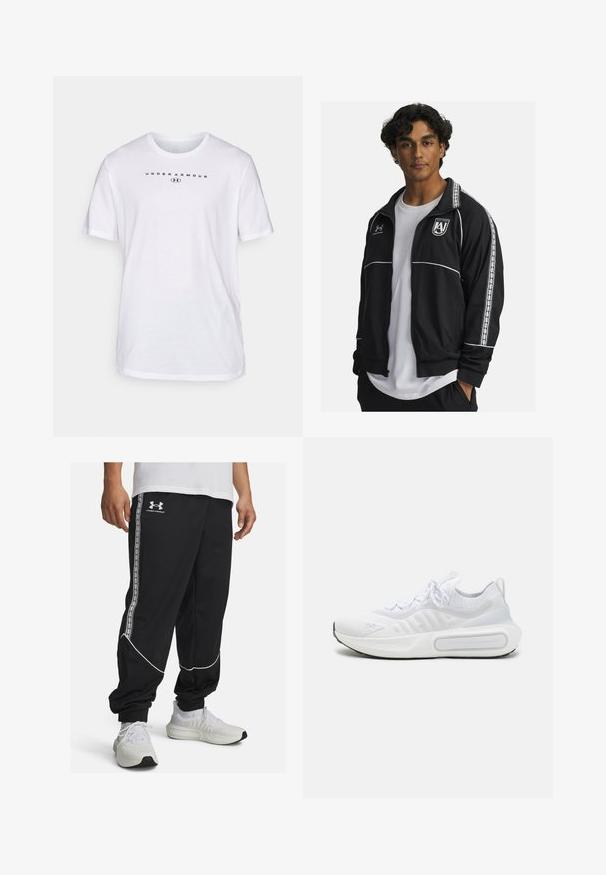 Čierna atletická bunda s bielymi akcentmi a bočnými pruhmi. Má zips vpredu, stojací golier a vyšívané logo na hrudi.; Under Armour STACKED LOGO - Základné tričko - white/black; Čierne teplákové nohavice z hladkej látky, s bielym lemovaním a bočnými pruhmi s logom. Zúžený strih s elastickými manžetami pri členkoch.; Biele športové tenisky s textúrovaným pleteným zvrškom, šnurovaním, mäkčenou podrážkou a charakteristickým detailom značky na boku.