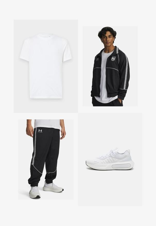 Schwarze Sportjacke mit weißen Akzenten und seitlichen Streifen. Verfügt über einen Reißverschluss vorne, einen Stehkragen und ein besticktes Logo auf der Brust.; Weißes Baumwoll-T-Shirt mit Rundhalsausschnitt und kurzen Ärmeln. Mit einem kleinen, eingeprägten Logo auf der linken Brust. Glatte Textur.; Schwarze Jogginghosen aus glattem Stoff, mit weißen Paspeln und seitlichen Streifen mit einem Logo. Eng anliegende Passform mit elastischen Bündchen an den Knöcheln.; Weißer Sportschuh mit einem strukturierten Strick-Obermaterial, Schnürverschluss, gepolsterter Sohle und einem markanten Branding-Detail an der Seite.
