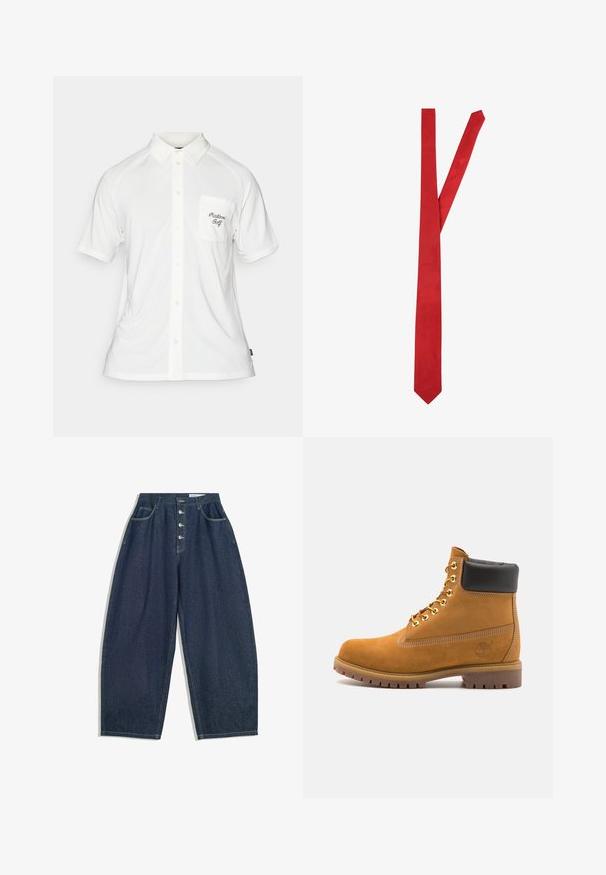 Crèmekleurige kabelgebreide cardigan met een V-hals, groene en navy strepen aan de onderrand en een klein Lacoste-logo op de linkerkant van de borst. Zes knopen aan de voorkant.; Witte polo met korte mouwen, voorzien van een knoopsluiting, textuurstof en een borstzak aan de linkerkant met zwarte geborduurde tekst.; Donkerblauwe denim brede broek met een hoge taille, vijfknopen sluiting en vijf zakken. Heeft stiksels op de naden.; Tan suède enkelboot met zwart gevoerd kraagje, gouden metalen oogjes, witte stikdetails en een robuuste rubberen zool met uitgesproken profiel.; Seidensticker Stropdas - red