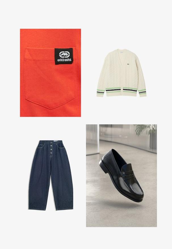 Cardigan crema a maglia cable con scollo a V, strisce verdi e blu navy all'orlo e un piccolo logo Lacoste sul lato sinistro del petto. Sei bottoni sulla parte anteriore.; Camicia rossa in cotone con tasca cucita e un'etichetta nera che mostra il logo "eckō unlt'd" e un grafico del logo.; Pantaloni larghi in denim blu scuro con vita alta, chiusura a cinque bottoni e cinque tasche. Presentano accenti di cucitura sulle cuciture.; Mocassini neri in pelle con finitura liscia, punta arrotondata, cuciture decorative e suola leggermente rialzata.