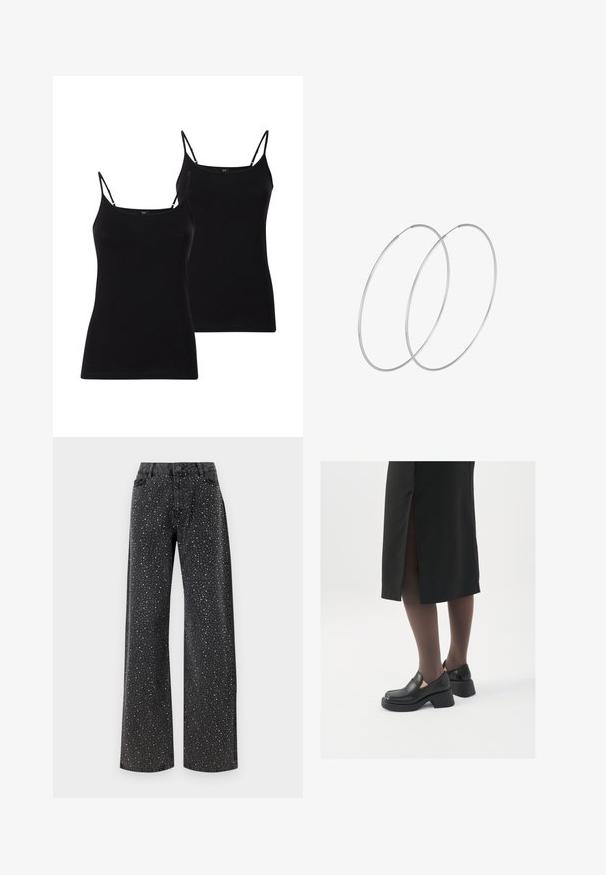 Tumepruun kudumine kardigan ümmarguse kaelusega, viie suure nupuga ja soonikuotsaga varrukatega. Lühendatud disain tekstuurse kangaga.; Kaks musta kampsunit õhukeste spagetihüüvete ja pehme kangaga, millel on keha ligi istuv disain ja sile tekstuur, ideaalne kihilise riietumise jaoks.; Noisy May NMJANNEL LOOSE - Avar lõikega teksad - black denim; Mustad mustad jalatsid ümmarguse varbaga, paksu plokkniidi ja elastsete külgdetailidega, kombineeritud tumedate sukkade ja musta lõhikuga seelikuga.; Hõbedased rõngastikkaehingad minimalistlikus disainis. Ümar kuju, sile tekstuur ja õhuke profiil. Kerged ning poleeritud viimistlusega.