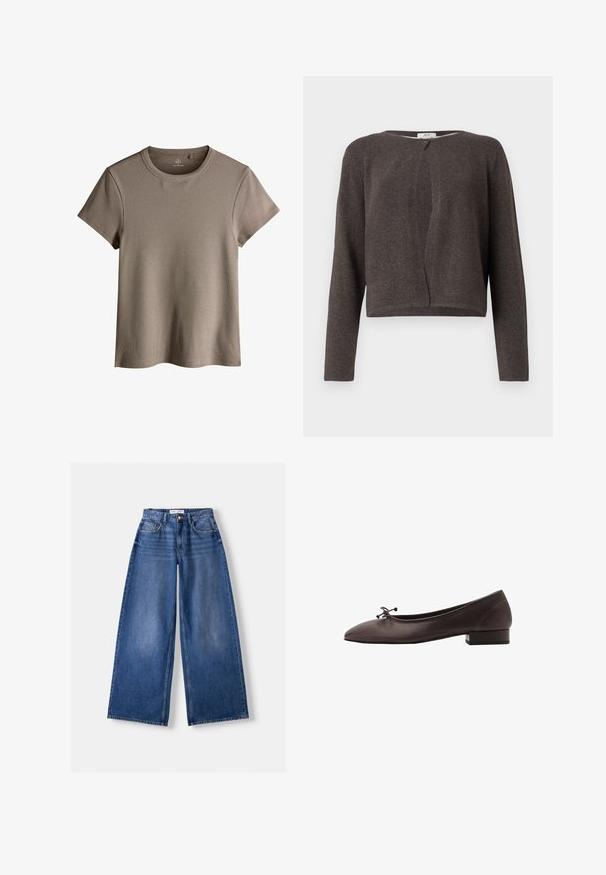 Mørkegrå strikket cardigan med lange ærmer, rund halsudskæring og en enkelt knaplukning foroven.; Lys brun ribbet kortærmet T-shirt med rund halsudskæring, der har en afslappet pasform og blød tekstur.; Bershka WIDE-LEG - Wide leg - dark blue; Brune læder balletflade med rund tå og lille blokhæl. Har en tynd sløjfe foran og diskrete syningsdetaljer.