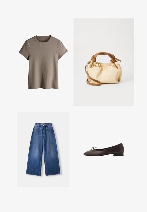 Donkergrijze gebreide lange mouwen cardigan met een ronde halslijn en een enkele knoopsluiting bovenaan.; Lichtbruine geribde T-shirt met korte mouwen en een ronde halslijn, met een relaxed fit en een zachte textuur.; Bershka WIDE-LEG - Wide leg - dark blue; Bruine leren balletschoen met een ronde neus en een kleine blokhak. Kenmerkt zich door een dunne strik aan de voorkant en subtiele stikdetails.; Kleine handtas van crème textuur met bruine leren handvatten en een afneembare schouderband. Gecombineerd ontwerp met zichtbare stikdetails.