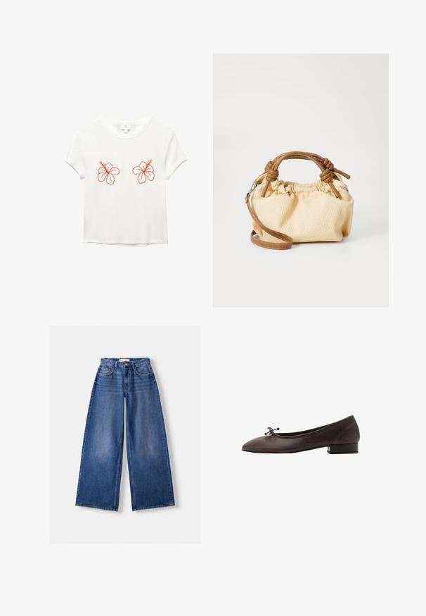 Tamno sivi pleteni kardigan dugih rukava s okruglim izrezom i jednim dugmetom na vrhu.; Bijela majica s kratkim rukavima koja na prednjoj strani ima dvije narančaste vezene hibiskusove cvjetove. Mekana tkanina s opuštenim krojem i okruglim izrezom.; Bershka WIDE-LEG - Široke nogavice - dark blue; Smeđi kožni baletni stan sa zaobljenim prstima i malim blok-petama. Ima tanak mašnu na prednjem delu i suptilne šavove.; Mala, kremasto teksturirana torbica s smeškim kožnim ručkama i odvojivim remenom za rame. Naborani dizajn s vidljivim šavovima.