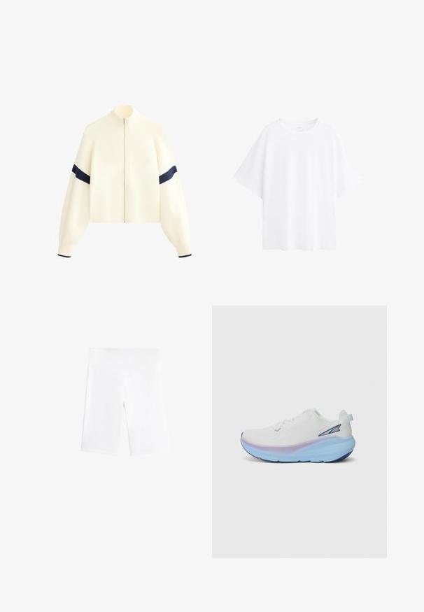 Cremfarbener Reißverschluss-Pullover mit hohem Kragen, weiten Ärmeln und marineblauen Streifen an den Armen. Weiche Textur und kurzes Design.; Weißes, übergroßes T-Shirt aus Baumwolle mit kurzen Ärmeln, runder Halslinie und glatter Textur. Keine Muster oder Akzente.; Weiße Radshorts aus dehnbarem Stoff, mit einem elastischen Bund und einem glatten, nahtlosen Design. In der Mitte des Oberschenkels.; Weißer Sportschuh mit strukturiertem Obermaterial, ausgestattet mit einer Farbverlaufssohle in Blau- und Lilatönen sowie einem kleinen Akzentlogo an der Seite.