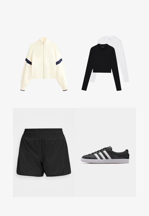 Krém színű zipzáros pulóver magas nyakkal, széles ujjakkal és tengerészkék csíkokkal a karokon. Puha tapintás és rövidített fazon.; Két darab hosszú ujjú, rövid fazonú felső fekete és fehér színben. Puha anyagból készült, kerek nyakkivágással és testhez simuló szabással.; Fekete sportból készült rövidnadrág, rugalmas derékrésszel, sima textúrával és oldalsó zsebekkel. Középcombig érő hosszúságú és letisztult dizájn jellemzi.; Fekete bőr sneaker fehér háromcsíkkal, kerek orral, lapos fehér gumitalppal és márkázott részlettel az oldalon.