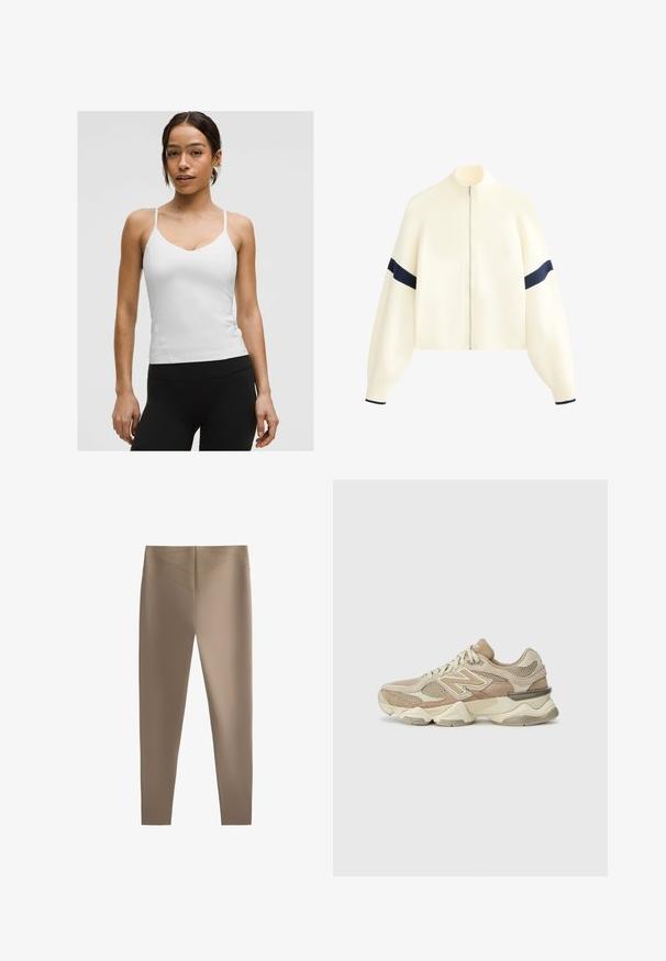 Kremowy sweter na zamek błyskawiczny z wysokim dekoltem, szerokimi rękawami i granatowymi paskami na rękawach. Miękka tekstura i krótki fason.; Biała kamizelka na cienkich ramiączkach, z dekoltem w serek i dopasowanym krojem. Gładka tekstura, minimalne detale, noszona z czarnymi legginsami.; Brązowe legginsy o gładkiej fakturze, z wysokim stanem i ukośnymi detalami szwów, zaprojektowane z myślą o dopasowanym wyglądzie.; Beżowe sportowe sneakersy wykonane z siateczki i zamszu, z okrągłym czubkiem, grubą podeszwą i wyraźnymi odblaskowymi akcentami po bokach.