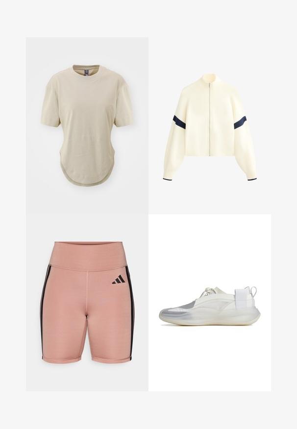 Kerman vetoketjullinen neule toppi korkean kaula-aukon, leveiden hihojen ja tummansinisillä raidoilla hihoissa. Pehmeä rakenne ja lyhennetty muotoilu.; Vaaleanbeige lyhythihainen t-paita, joka on valmistettu pehmeästä puuvillasta. Ominaisuuksiin kuuluu pyöreä pääntie ja kaareva helma, jossa on sivuhalkaisijat rentoa istuvuutta varten.; Vaaleanpunaiset urheilushortsit, joissa on korkea vyötärö ja jotka on valmistettu joustavasta materiaalista. Sisältää mustat sivuraitat ja Adidas-logon vasemmalla puolella.; Matala urheilukenkä valkoisena ja vaaleanharmaana, läpikuultavalla pohjalla, joustavalla nauhanpidikkeellä ja takana oleva vetokahvalla, esitetty sivuprofiilissa.