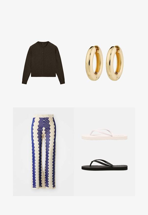 Ciemnobrązowy kardigan z miękkiego materiału, z okrągłym dekoltem, zapinany na guziki z przodu, z długimi rękawami i skróconym dołem.; Even&Odd - Bluzka z długim rękawem; Szydełkowane spodnie z szerokimi nogawkami w kolorze kremowym i granatowym, z geometrycznym wzorem, elastycznym paskiem w talii oraz ażurową teksturą na całej powierzchni.; Białe i czarne gumowe klapki z teksturowanym wkładem, cienkimi paskami i kontrastującymi kolorami. Każda para ma prosty design i minimalne oznaczenia marki.; Złote kolczyki w kształcie kół z gładką, polerowaną powierzchnią i zaokrąglonym kształtem. Wewnętrzna krawędź ma subtelny detal w formie szczeliny do zapięcia.