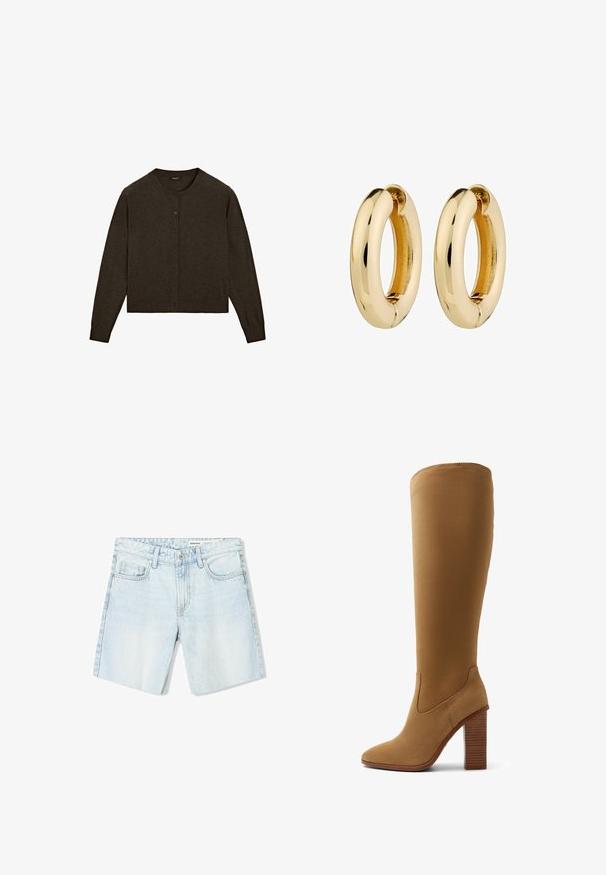 Dark brown cardigan made of soft material, featuring a round neckline, button front closure, long sleeves, and a cropped hem.; White short-sleeve t-shirt, crew neck, made of soft, smooth cotton fabric, with a straight hem and minimal detailing. Plain and versatile design.; Light blue denim shorts feature a classic cut, five pockets, a button closure, and frayed hems. The fabric appears soft with a faded finish.; Knee-high tan suede boots with a pointed toe, vertical stitching detail, and a chunky heel with horizontal ridges.; Gold hoop earrings with a smooth, polished surface and rounded shape. Inner edge features a subtle split detail for fastening.